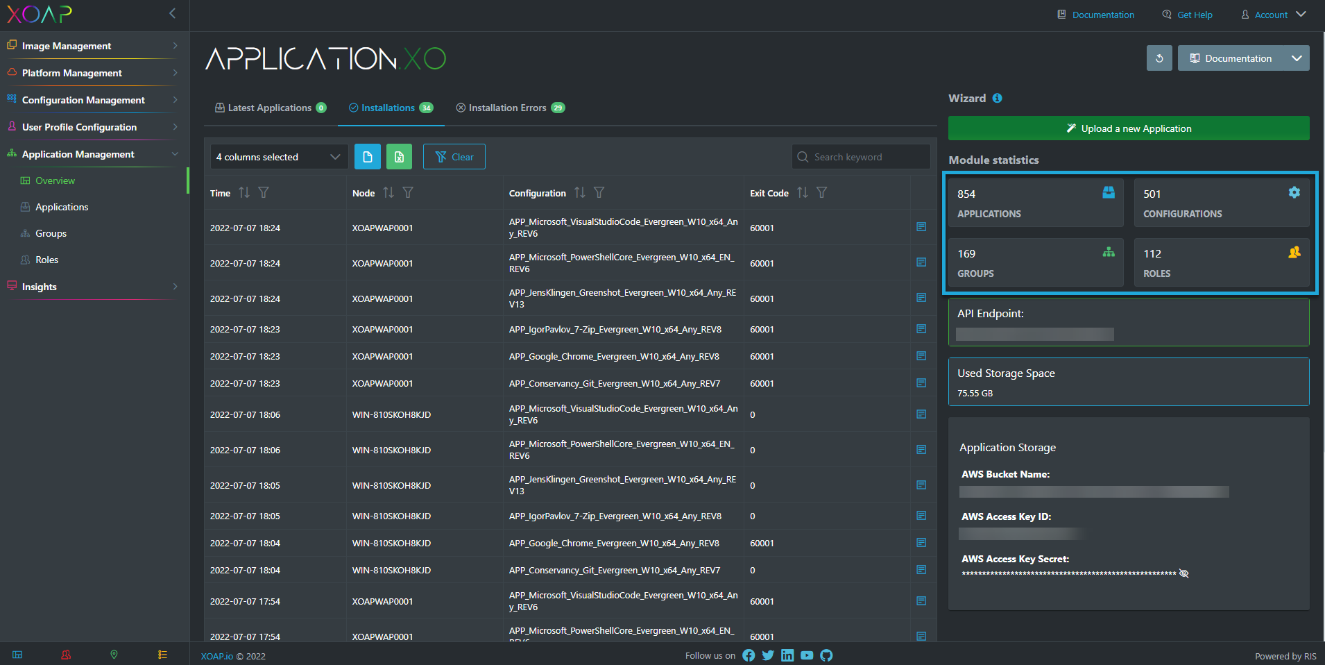 Application management module statistics