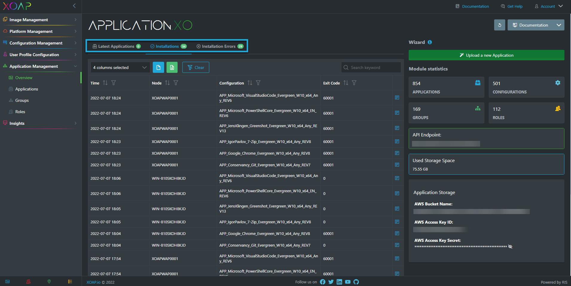 Application management tables