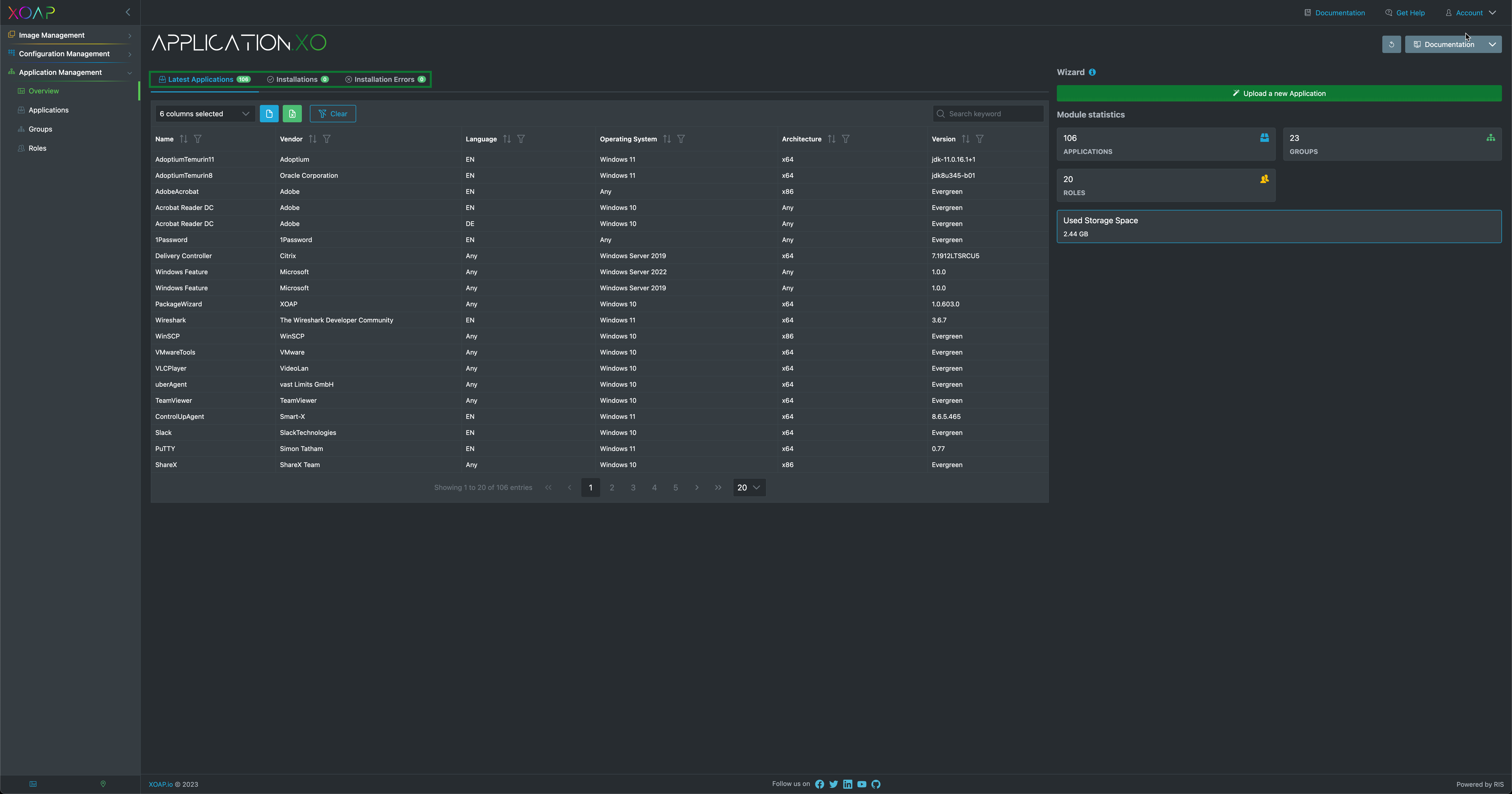Application management tables