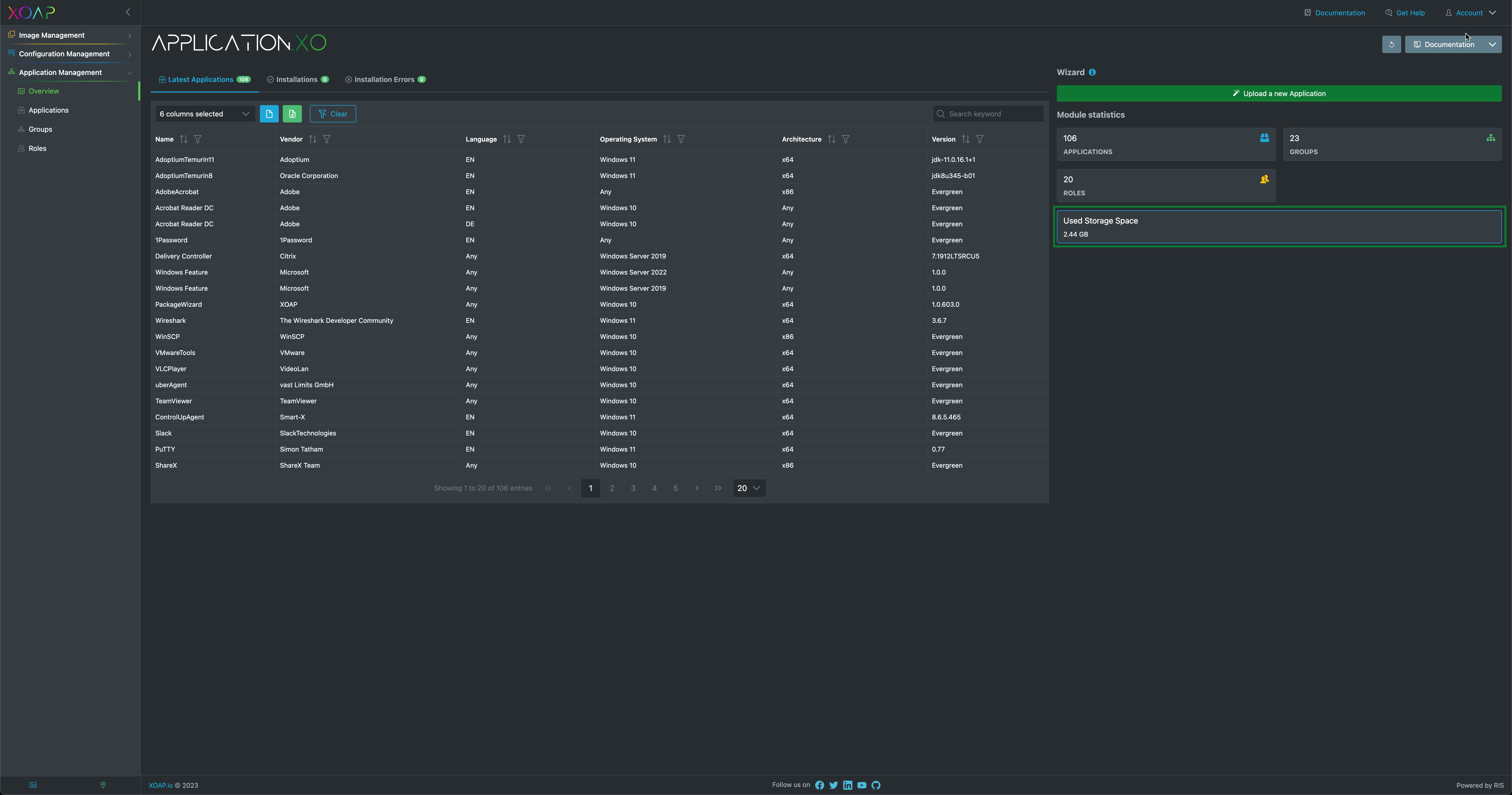 Application management space usage
