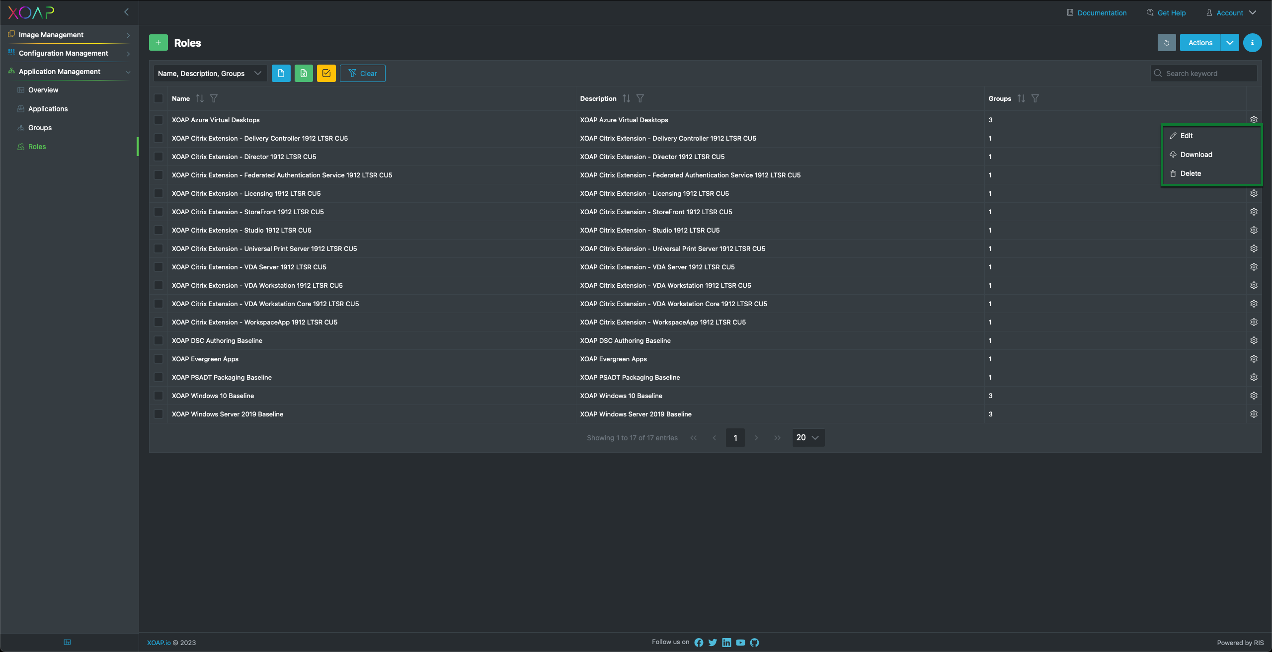 Access action menu in roles section