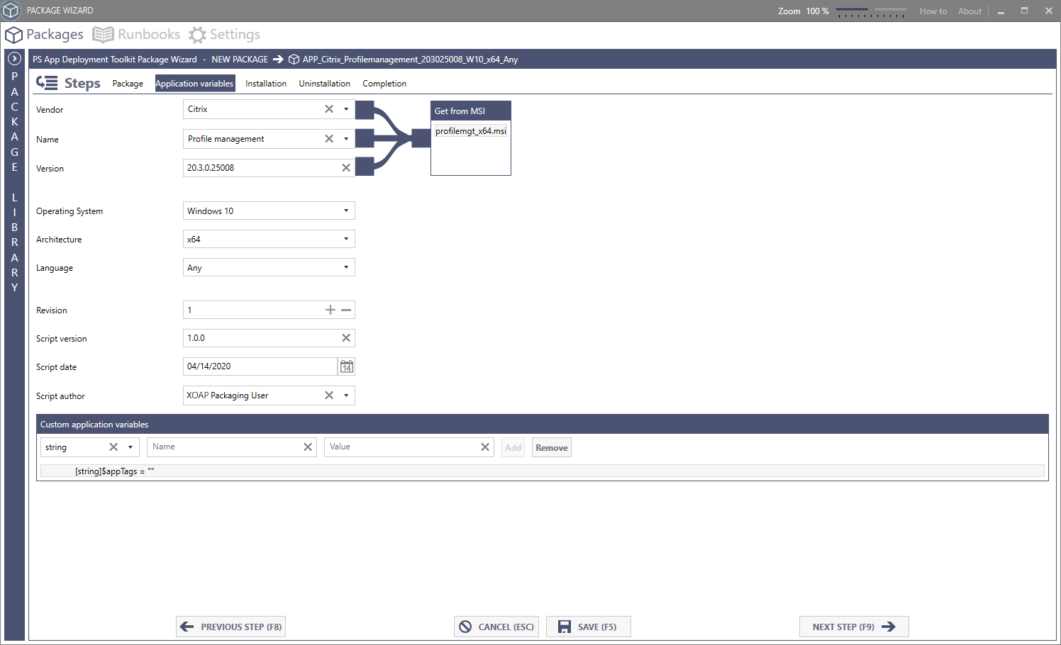 Example application variables