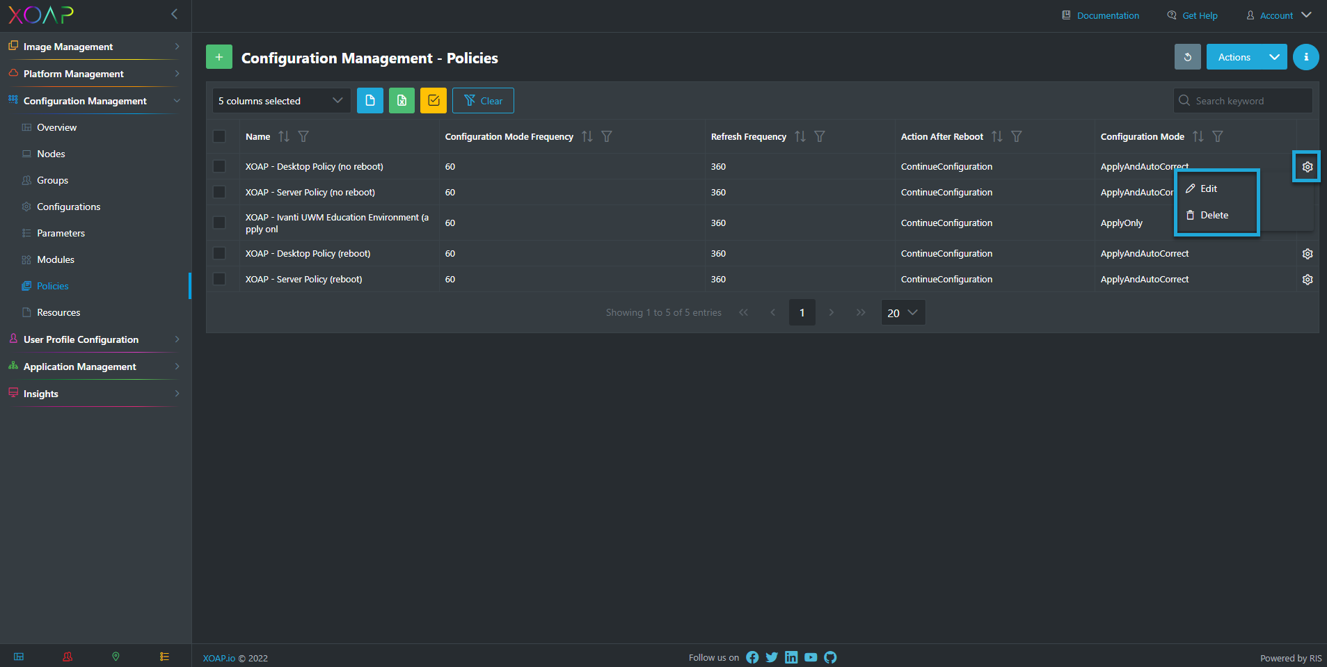 Policies action menu