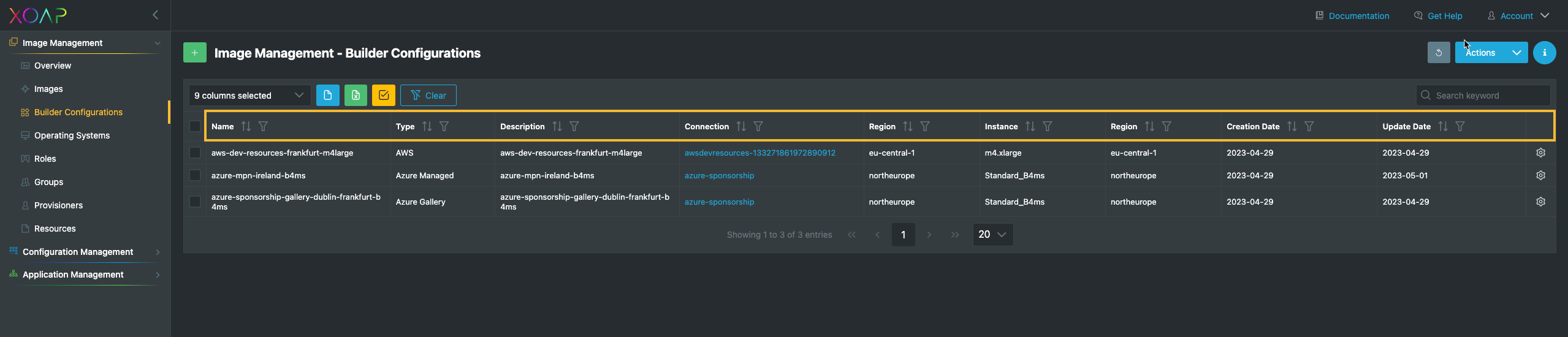 Builder configurations table view